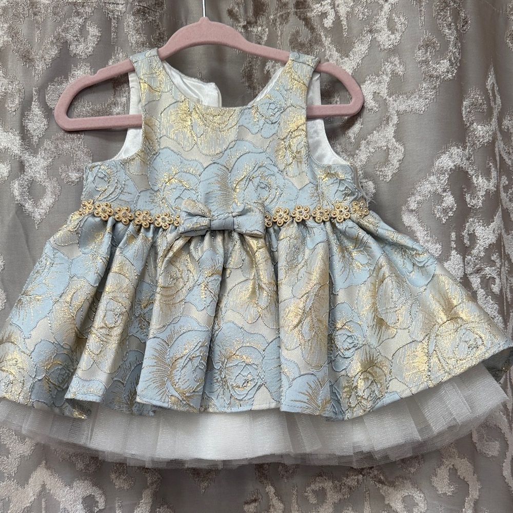 American Princess Elegant Blue and Gold Floral Dress Size 9M